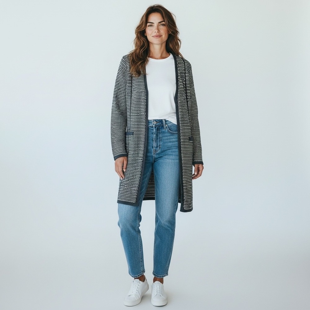 Atmosphere‎ Womens Grey White Textured Knit Longline Open Front Cardigan Size M